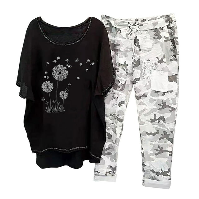 Ensembles pour Femmes 2 Pcs Tenues Imprimées Col Rond Manches Mi-Longues Pull + Pantalon Ensemble Assorti en Liquidation