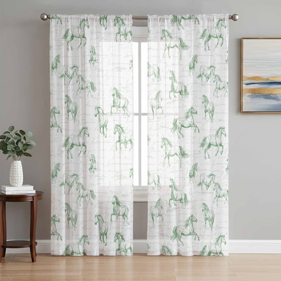 Green Horse Semi Sheer Curtains 108 Inch Length 2 Panels Set, Watercolor Vintage Animals Sheer Kitchen Curtain Privacy Voile Window Curtain for Living Room Bedroom Rod Pocket Drapes