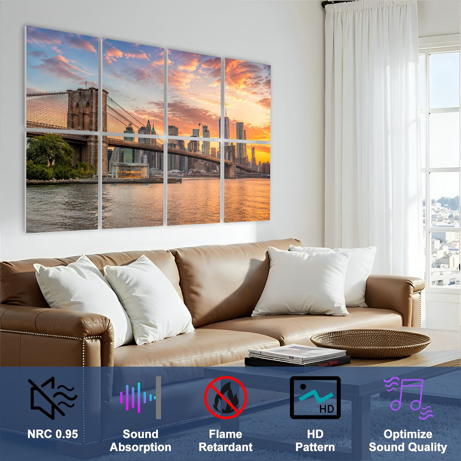 8 Pack Art Acoustic Panels Sound Absorbing New York City Skyline Decorative Soundproof Wall Panels Self Adhesive for Nursery Game Room Bedroom 48"x32"
