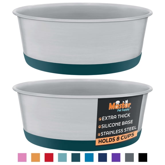 Master Pet Supply Stainless Steel Dog Bowls Set of 2 with Extra Thick Silicone Base - 8 Cup (64 oz) Emerald Sea, Non-Slip, Dishwasher Safe Metal Bowls, Pet Dog Food Bowl for Dogs, Cats, Anti Rust