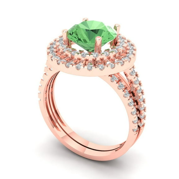 2.68 ct Brilliant Round Cut Green Zircon 14K Rose Gold Halo Solitaire with Accents Engagement Bridal Wedding Ring Band Set size 6.25