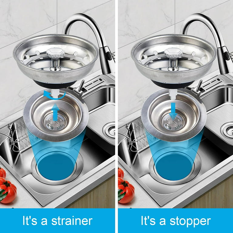 2 Pack - Kitchen Sink Strainer and Stopper Combo Basket Replacement for  Standard 3-1/2 inch Drain, Stainless Steel Basket with Plastic Knob, Rubber