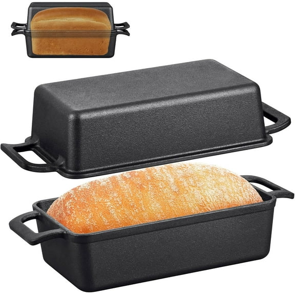 2-In-1 9 x 5 Inch Cast Iron Loaf Pan with Lid (Black), Bread Loaf Pans for Baking Homemade Sourdough Bread, Meatloaf, Toast, Cake, Nonstick & Healthy & Sturdy, 2 Piece Set