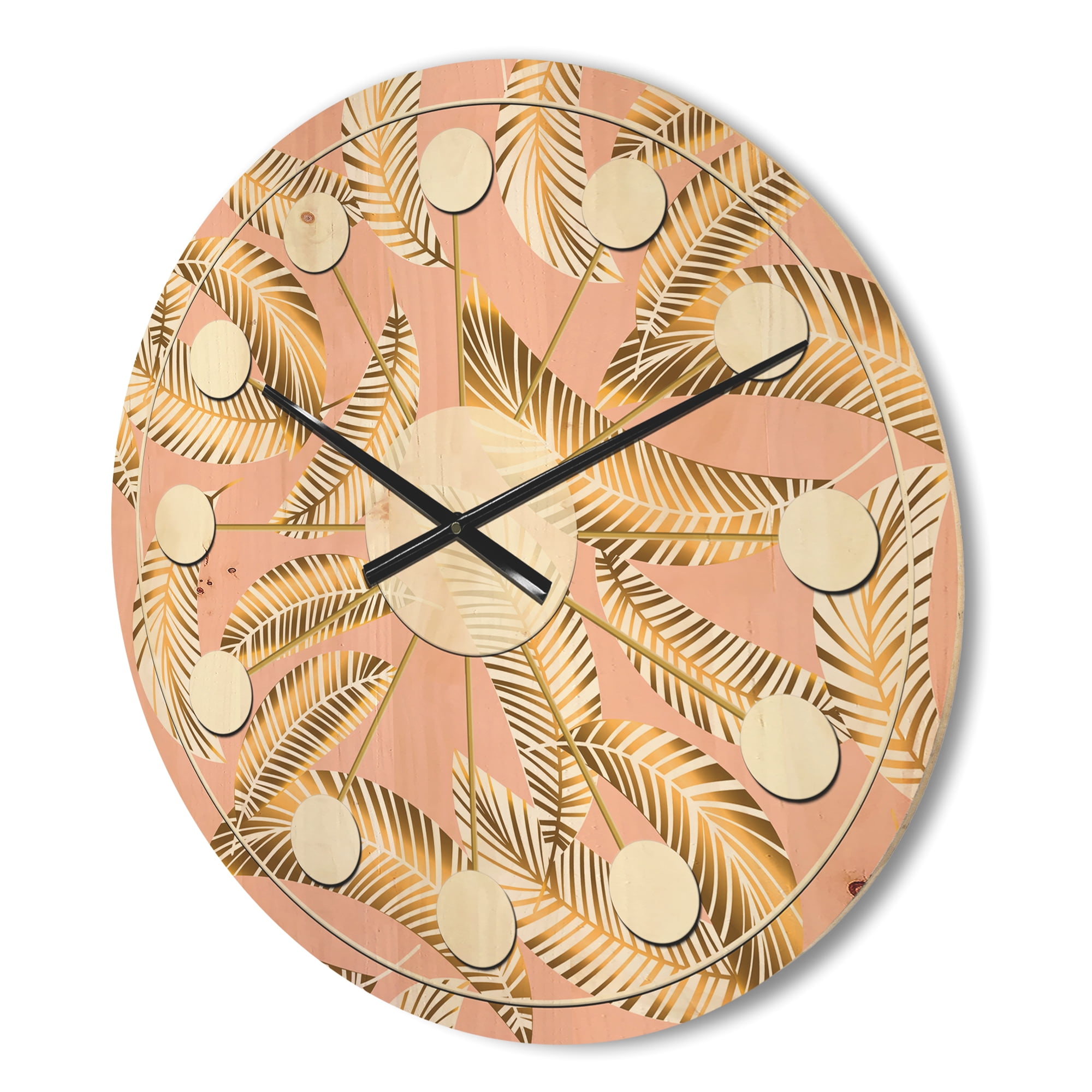 Designart 'Retro Golden Foliage IV' Mid-Century Modern Wood Wall Clock