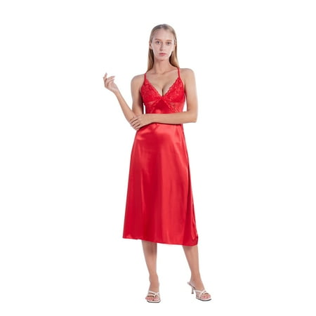 Women s Sleepwear Silk Lingerie Dress Sexy V Neck Babydoll Lace Long Nightwear Adjustable Strap Pajama Satin Nightgown