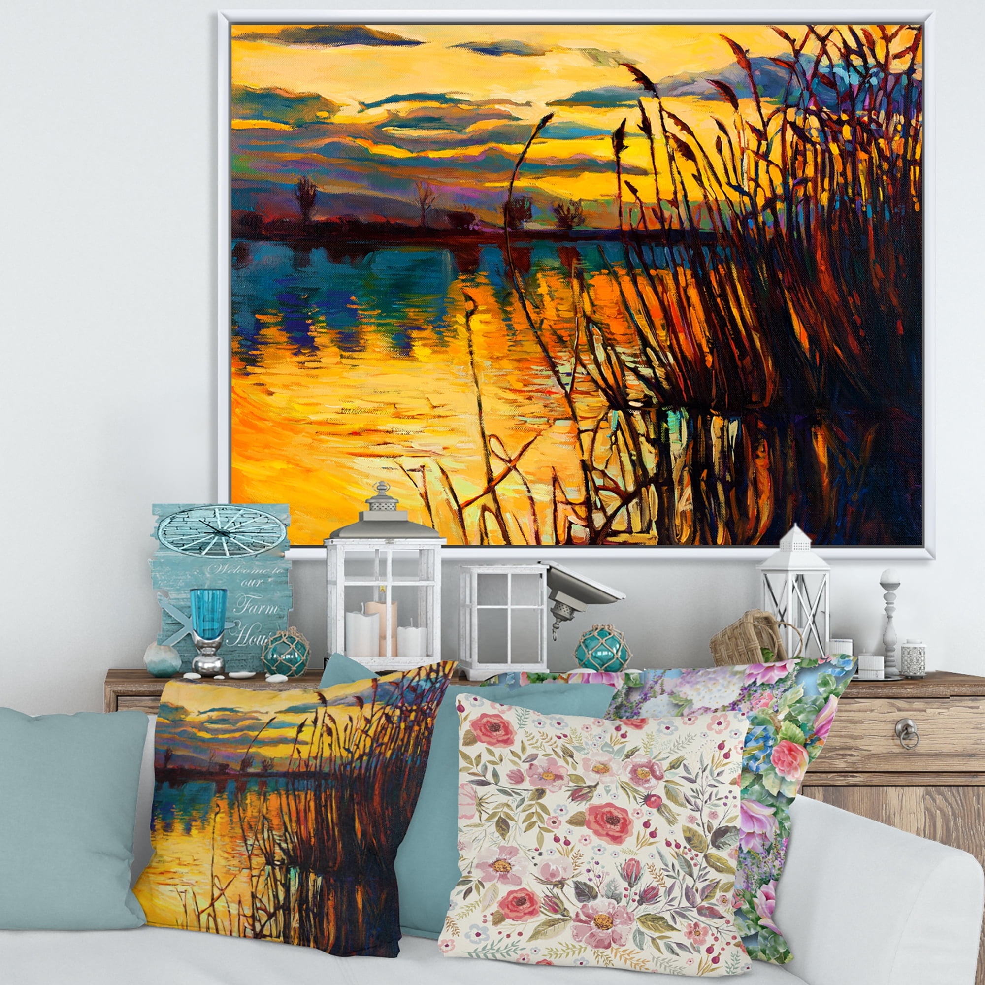 Designart 'Yellow Evening Glow Through The High Grass By The Lake' Nautical & Coastal Framed Canvas Wall Art Print