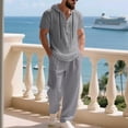 thumbnail image 4 of FRSASU Men's 2 Piece Linen Outfits Short Sleeve Henley Hooded Shirt and Beach Pants Set Casual Summer Matching Set Gray, 4 of 9