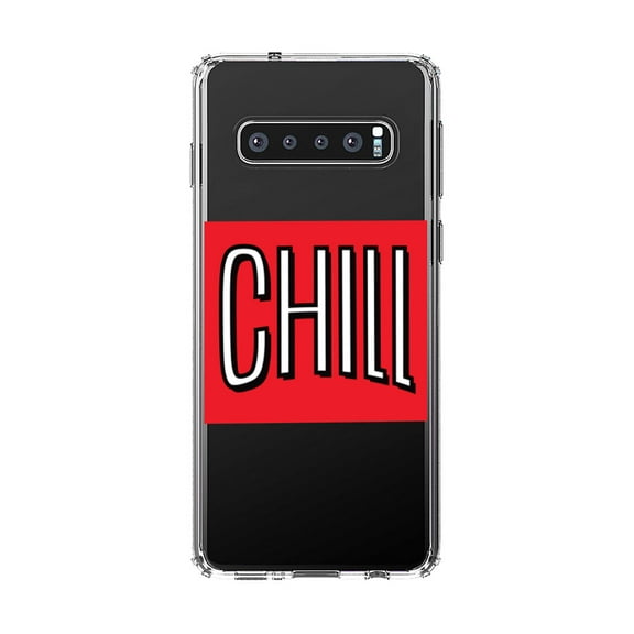 DistinctInk Clear Shockproof Hybrid Case for Samsung Galaxy S10 (6.1" Screen) - TPU Bumper, Acrylic Back, Tempered Glass Screen Protector - CHILL with red background