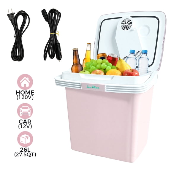 IceBlue 26L Electric Cooler Car Refrigerator with Automatic Locking Handle AC/DC RV Refrigerators Fridge Camping Cooler for Home and Travel Beverage/Fruits/Drinks (Pink)