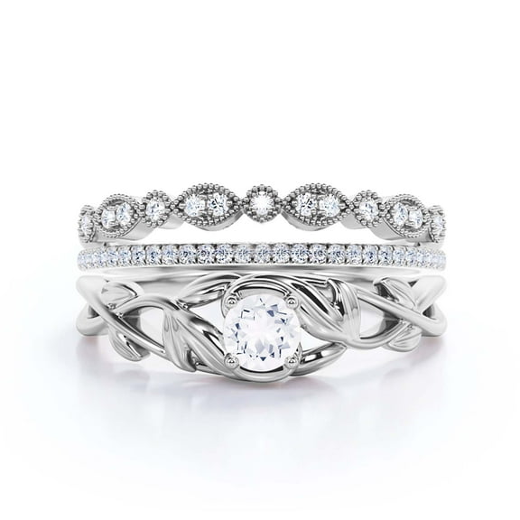 Boho & hippie 1.50 Carat Round Diamond Moissanite Leaf Inspired Engagement Ring, Wedding Ring in 925 Sterling Silver With 18k White Gold Plating Gift For Her, Promise Ring, Trio Set, Matching Band