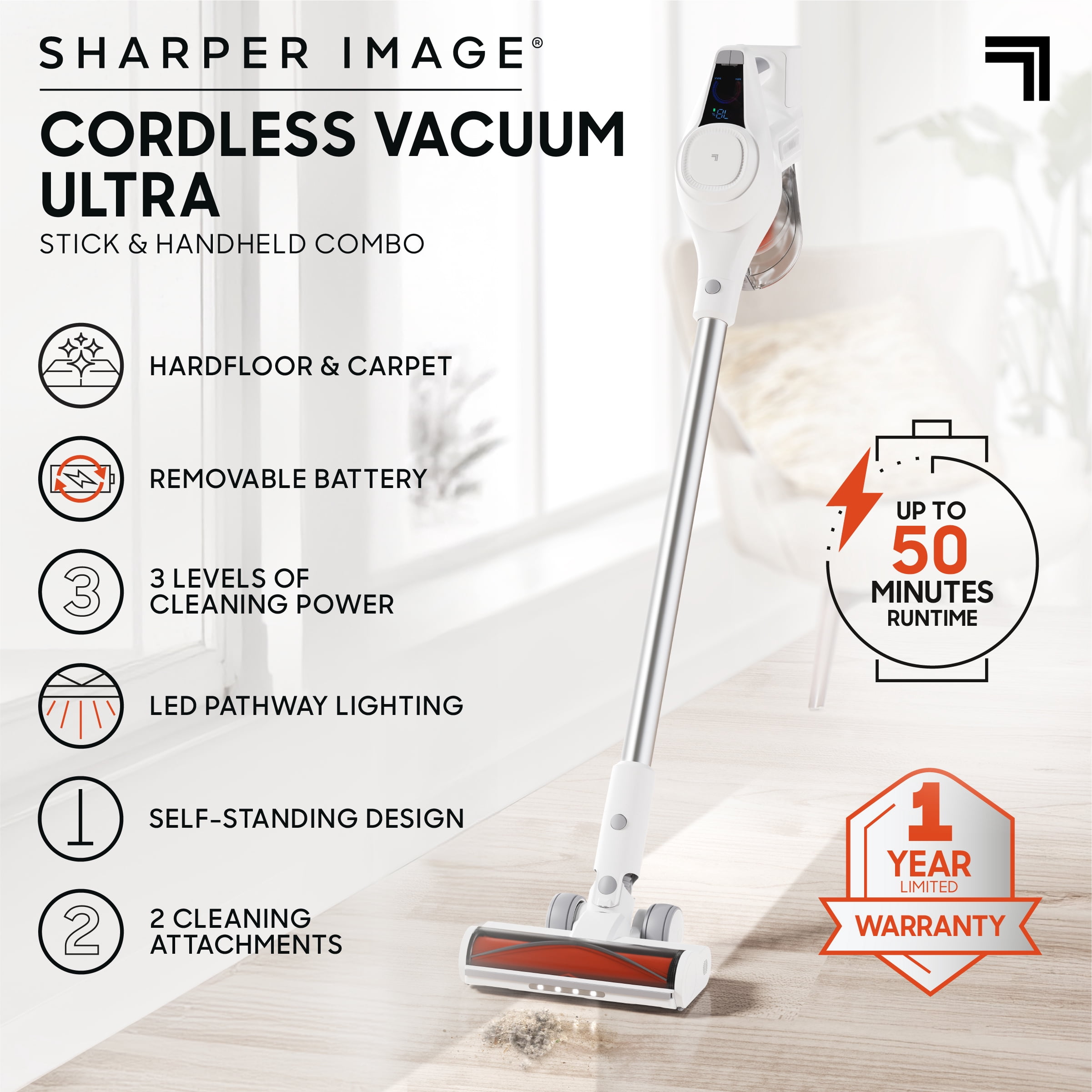 Sharper Image Cordless Vacuum Ultra Stick & Handheld Combo – 450W Motor with Anti-Tangle Floor Brush, 3 Speeds, and LED Lighting