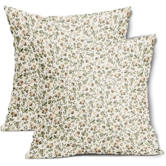 Spring Daisy Floral Pillow Covers 18X18 Inch Sage Green Brown Beige Vintage Flowers Decorative Pillow Cases Set of 2 Block Print Throw Pillows Farmhouse Decor for Sofa Couch Cushion Outdoor