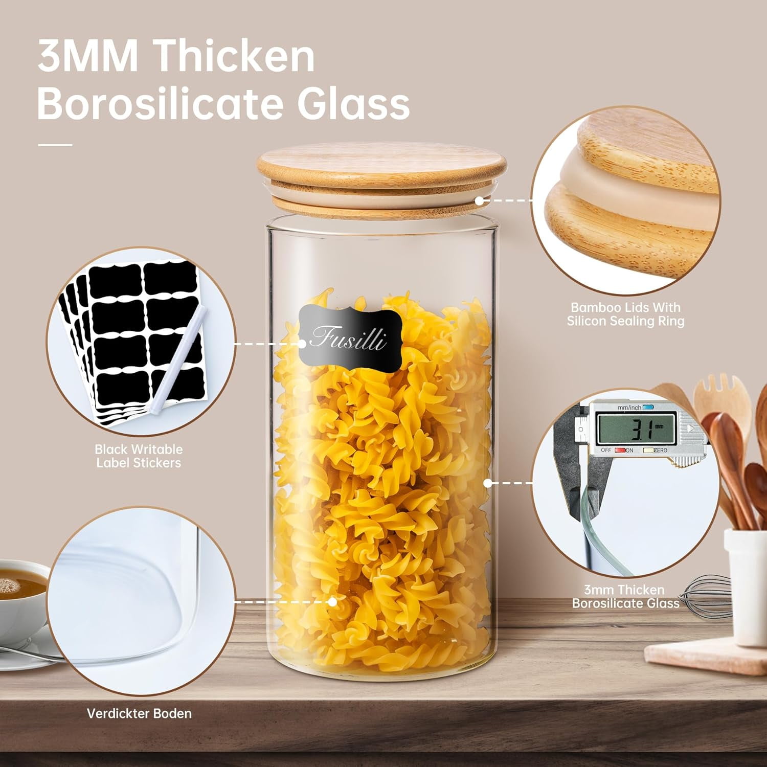 GRD Multi Size-5 Pack Glass Jars with Bamboo Lids,Glass Pantry Storage Containers with Airtight Lids,Round Air Tigh Food Storage Canisters for Cereal,Pasta,Flour,Sugar, Best for Kitchen Organizer