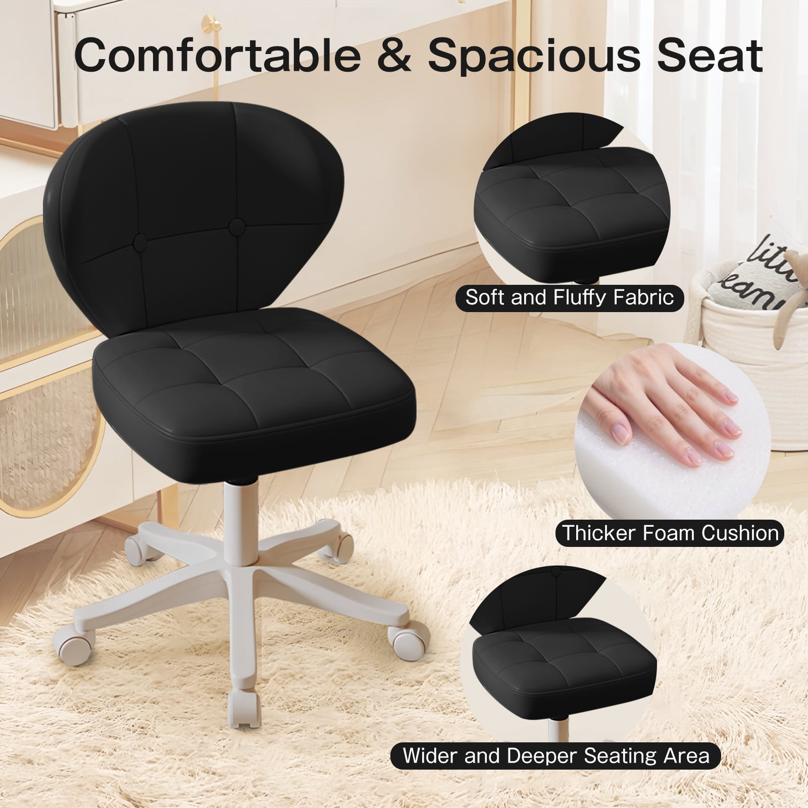 Vanity Chair with Back – Small Armless Office Chair with Wheels, Lumbar Support, PU Leather, Adjustable Height, 360° Swivel for Home, Bedroom, Office Black