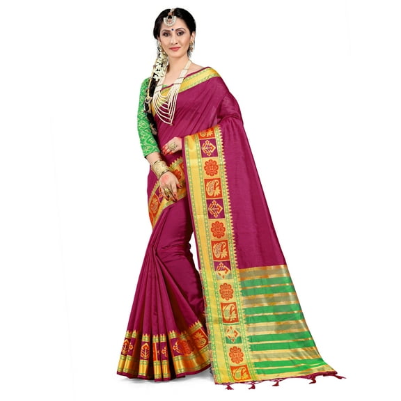 Sarees for Women Cotton Silk Woven Saree l Indian Wedding Gift Sari with Un Stitched Blouse Pink