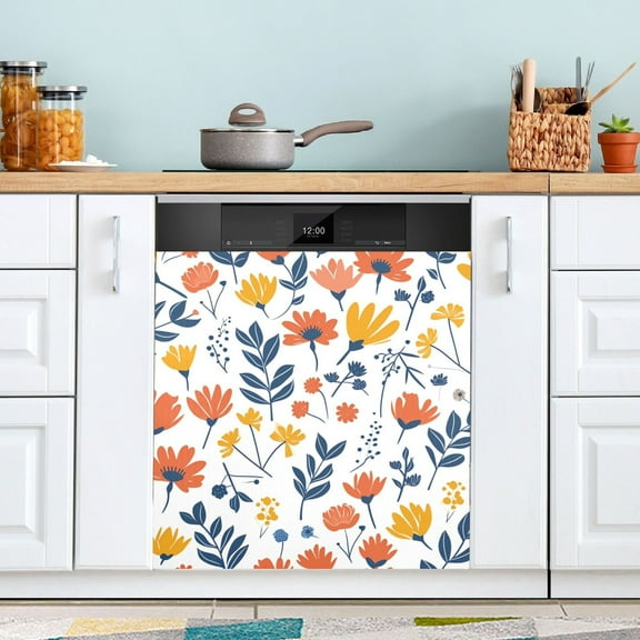 Colorful Flowers with Leaves Dishwasher Magnet Cover Magnetic Fridge Door Cover Home Kitchen Decor 23"x 26"