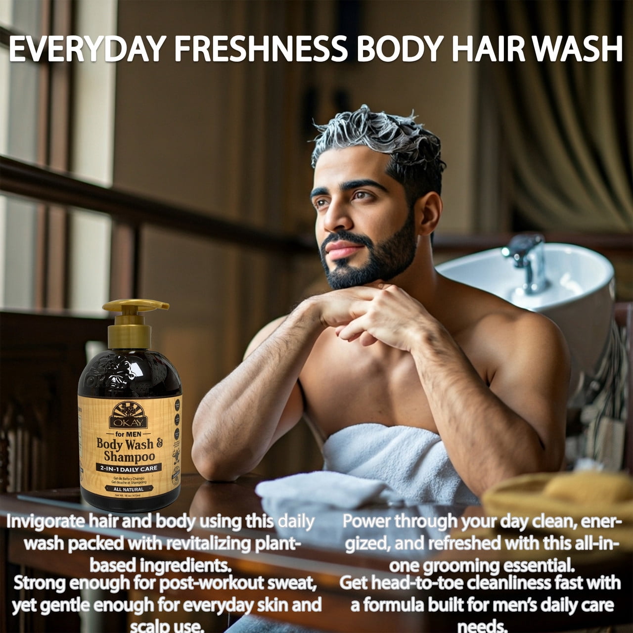 OKAY for Men Body Wash & Shampoo 2-in-1 Daily Care 16 oz – All-Natural Cleansing Wash for Hair & Body, Moisturizing & Refreshing