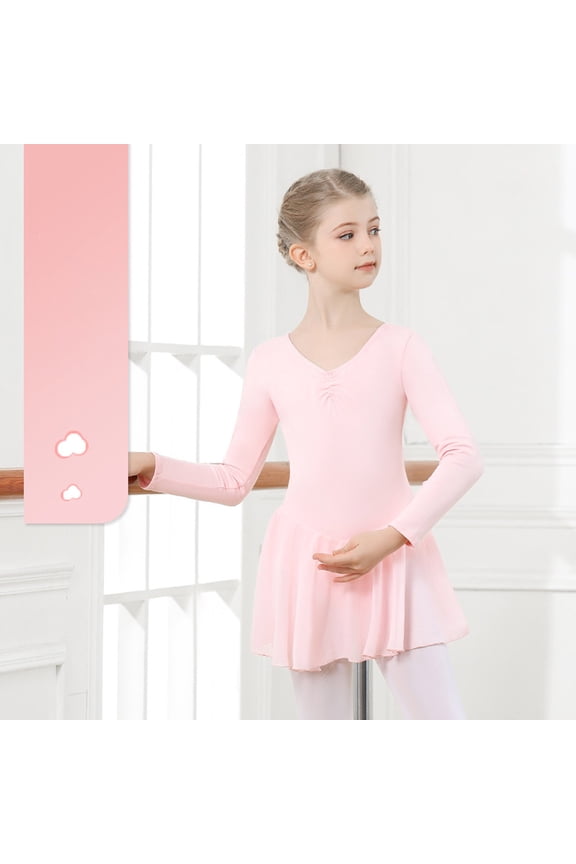 Girls Dresses Solid Color Long Sleeve V-Neck Leotard Tutu Ballet Dress for Fall Winter Practice Size 3-4Y