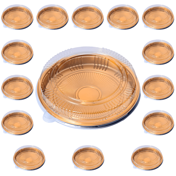 15 Pcs Round Sushi Box, 10.2 in Gold Disposable Food Containers with Snap-On Dome Covers, Plastic Serving Containers for Cakes, Round Edge Food Storage Sushi Box