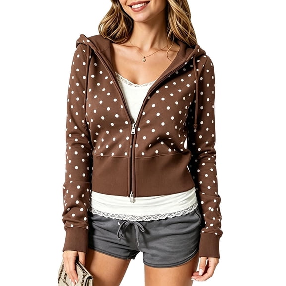 Womens Polka Dot Hoodie Zip up Long Sleeve Drawstring Pullover Sweatshirt Slim Fashion Fall Hoodie Coffee L