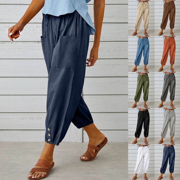 SOFTCCLO Wide Leg Pants for Women Casual Solid Relaxed Fit High Waist Trousers Button Ankle Wide Leg Womens Pants Army Green XXXL