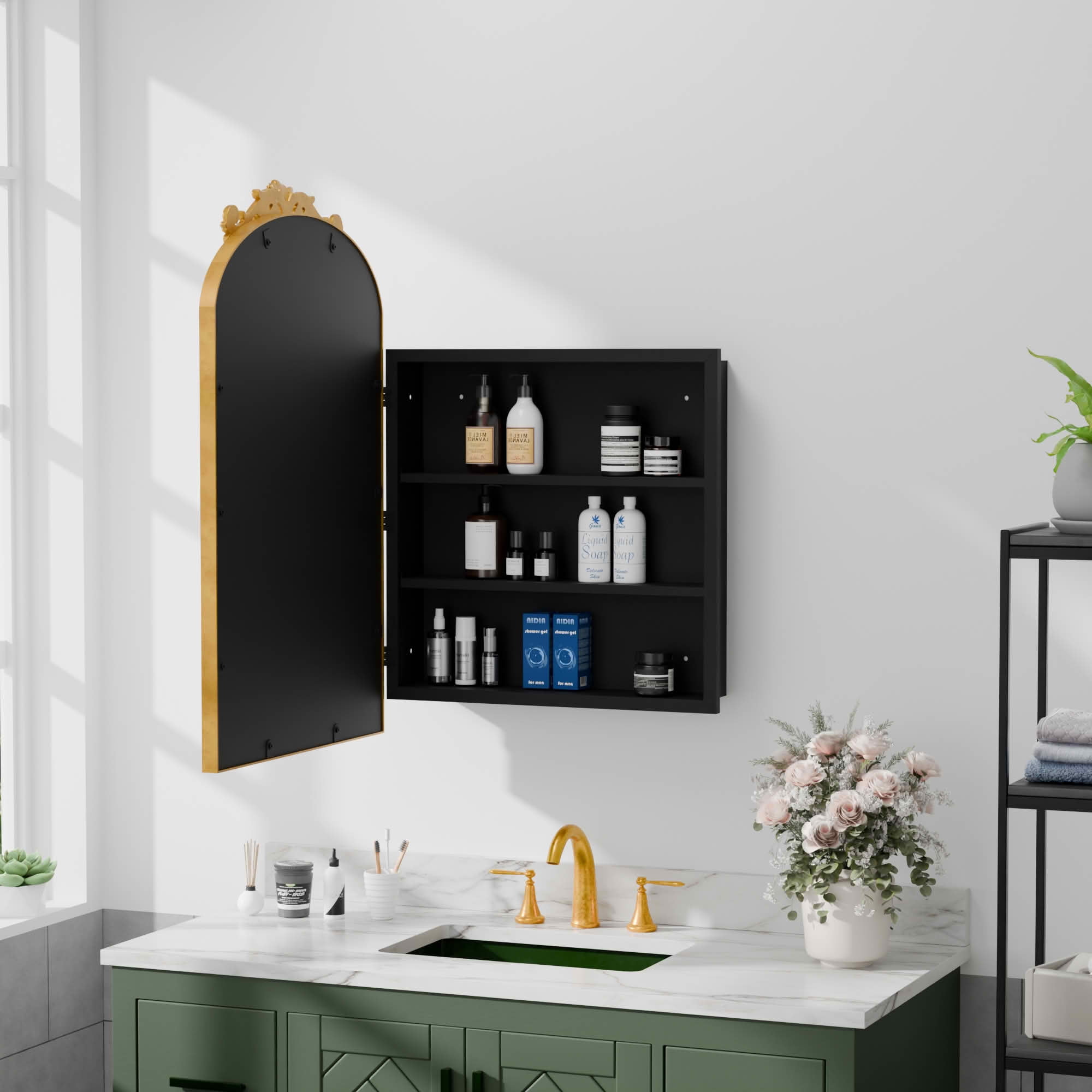 MAYEERTY 30x20x5 Inch Gold Carved Metal Arched Medicine Cabinet for Bathroom