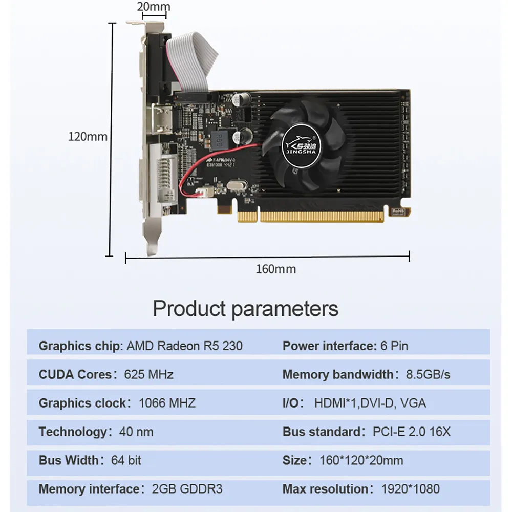 JINGSHA AMD R5 230 Computer Graphics Card, 2G GDDR3, HDMI VGA DVI Video Card ITX SFF Low Profile Ready GPU
