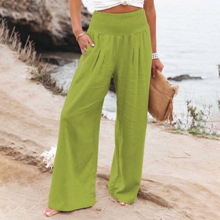 

High Waist Wide Leg Palazzo Lounge Pants for Women Smocked Elastic Waist Loose Comfy Casual Pajama Pants Pockets