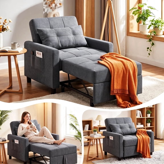 Chair Bed, Lofka Convertible Sleeper Chair with Adjustable Backrest, Small Couch for Bedroom, Dark Gray