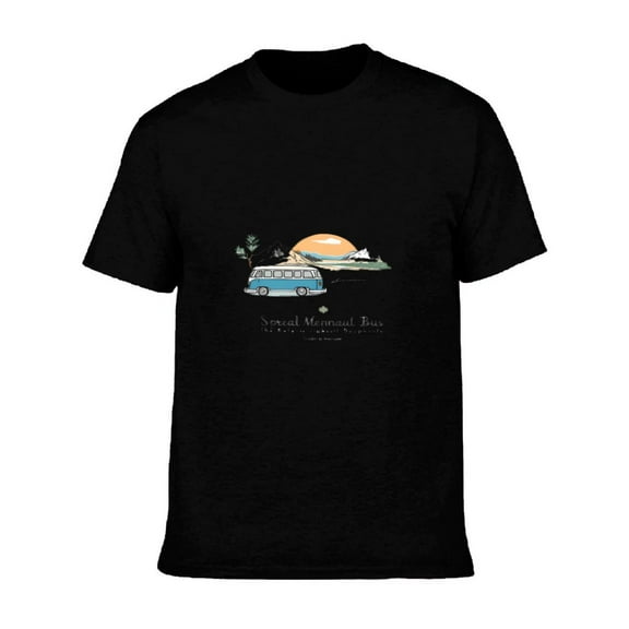 Men's Cotton Short Sleeve T-Shirt with Graphic Design: Blue Van Surfboards Sunset and Boat - " Special Mountain View " Escape Tee