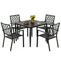 Nuu Garden 5-Piece Outdoor Metal Dining Set, 4 Stackable Wide Seat Chairs and 1 Square 37" Dining Table With Umbrella Hole, All-Weather Patio Furniture Set, Black