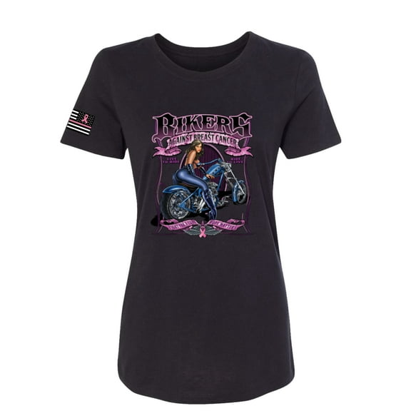 Wild Bobby, Bikers Against Breast Cancer USA Flag Sleeve Breast Cancer Awareness Women Slim Fit Junior Tee, Black, Small