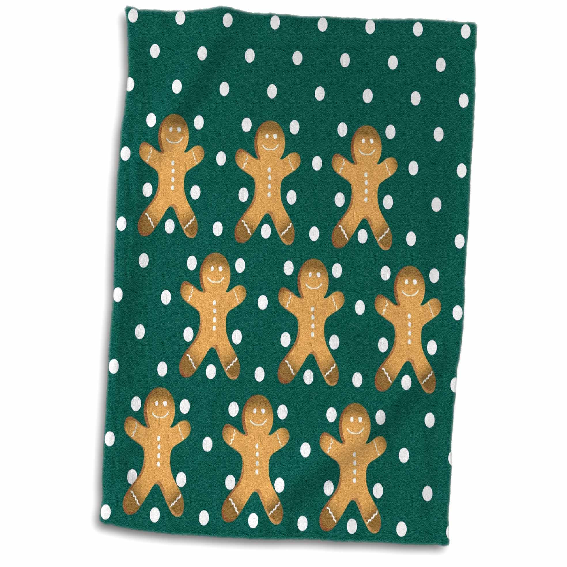 3dRose Gingerbread Men Christmas Green Polka Dots Fun Art Towel