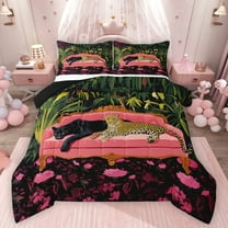 Feelyou Couple Cheetah Animal Bedding Comforter Set, Cartoon Wildlife Leopard Twin Comforter Sets, Vintage Fashion Style Reversible Bedding Set, Lightweight Room Decor, 2pcs