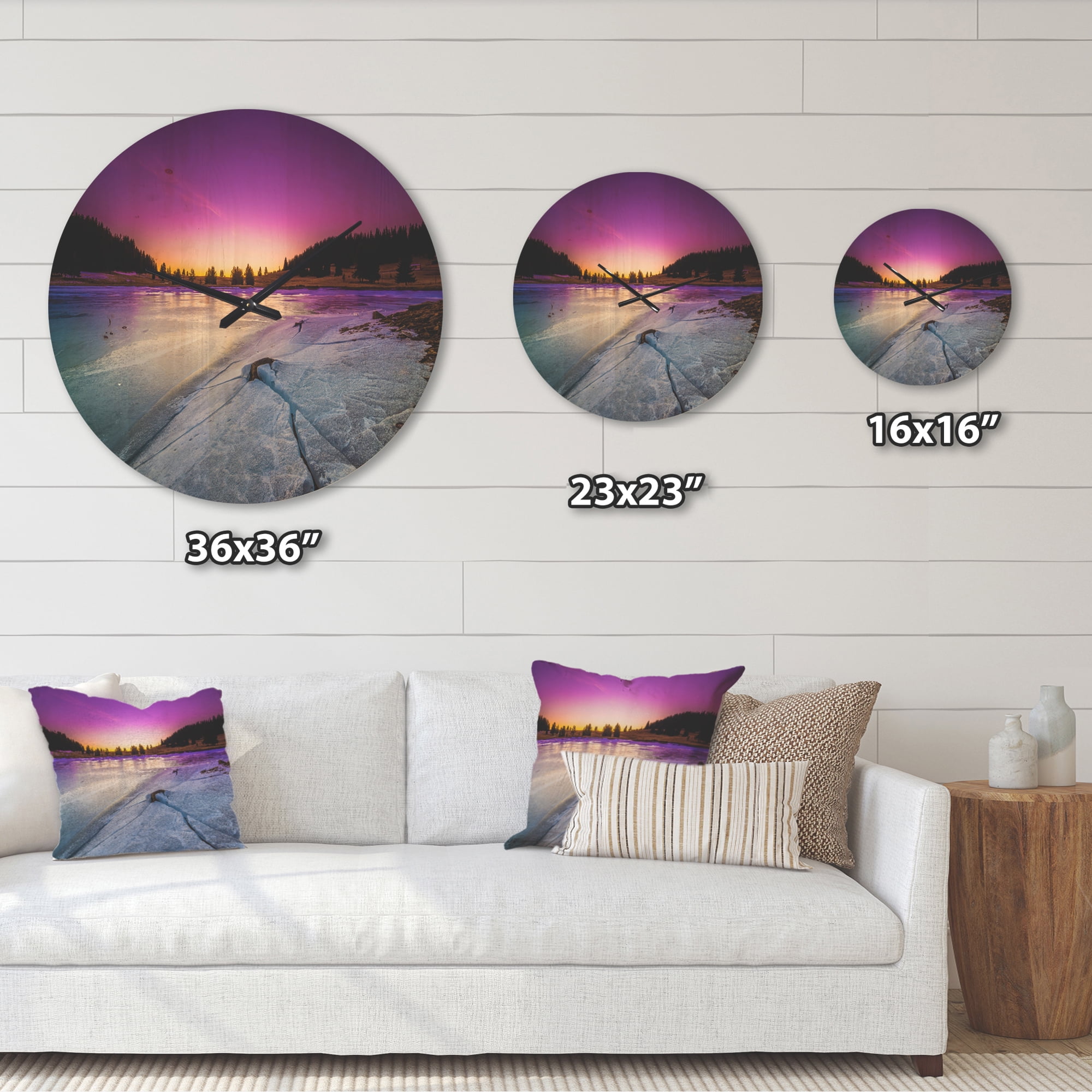 Designart 'Dawn over Frozen Lake ' Modern Wood Wall Clock