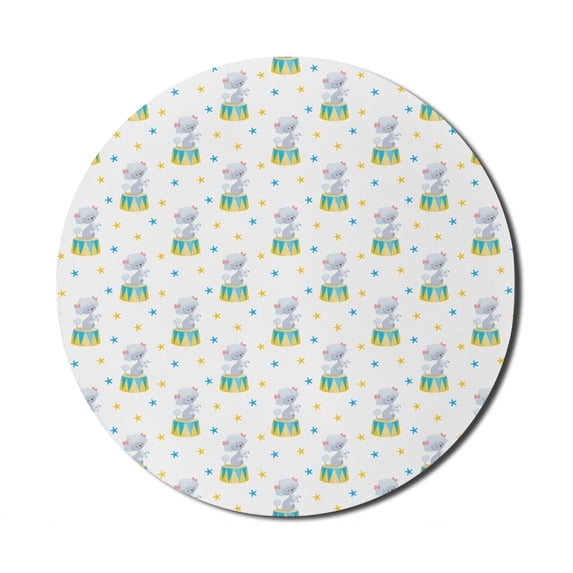 Circus Mouse Pad for Computers, Trained Show Dog Funny Pattern with Stars Continuous Childish Cartoon, Round Non-Slip Thick Rubber Modern Mousepad, 8" Round, White Blue and Yellow, by Ambesonne