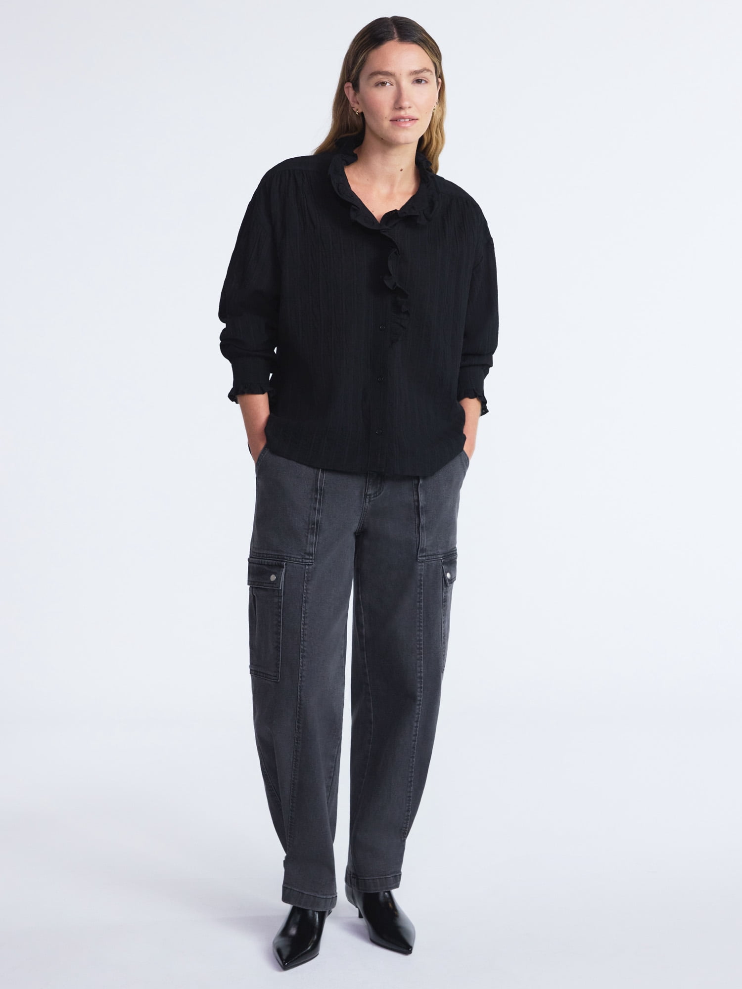 Scoop Women’s Cotton Dobby Ruffle Blouse, Sizes XS-XXL