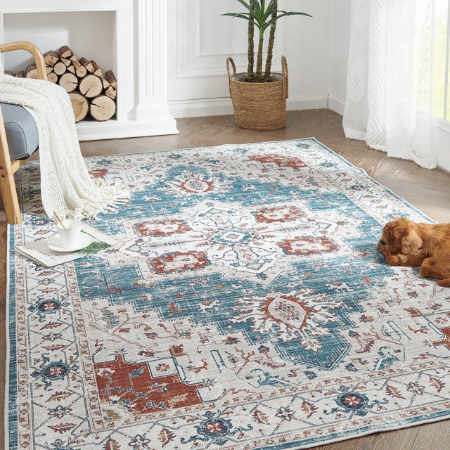 Rugking Area Rug 4x6 Persian Rug Bohemian Indoor Floor Cover Washable Thin Soft Rug Chenille Floral Print Living Room Bedroom Dining Room Turquoise