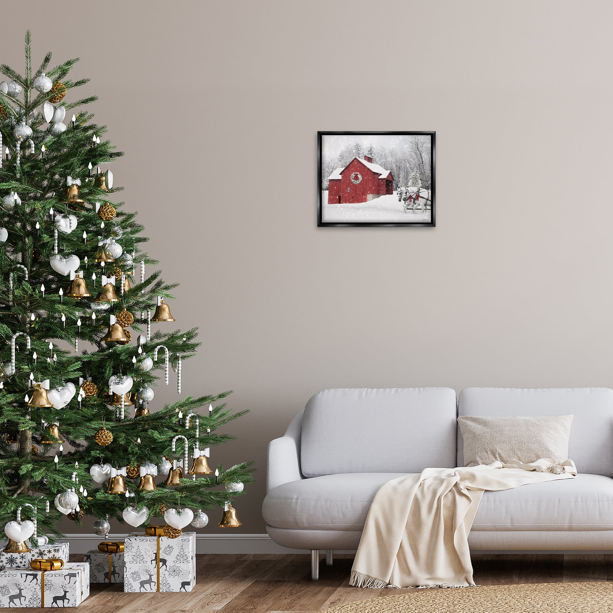 Stupell Industries Snow Covered Red Barn Holiday Painting Black Floater Framed Canvas Art Prints Wall Art, 21 x 17