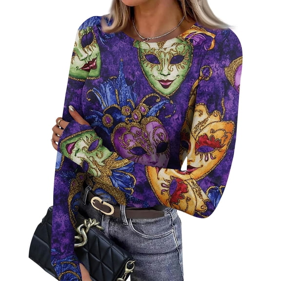 Mardi Gras Shirts for Women Feathers Print Mask Print Long Sleeve Tunic Tops Sequins Crew Neck Purple Graphic Tee Dark Purple L