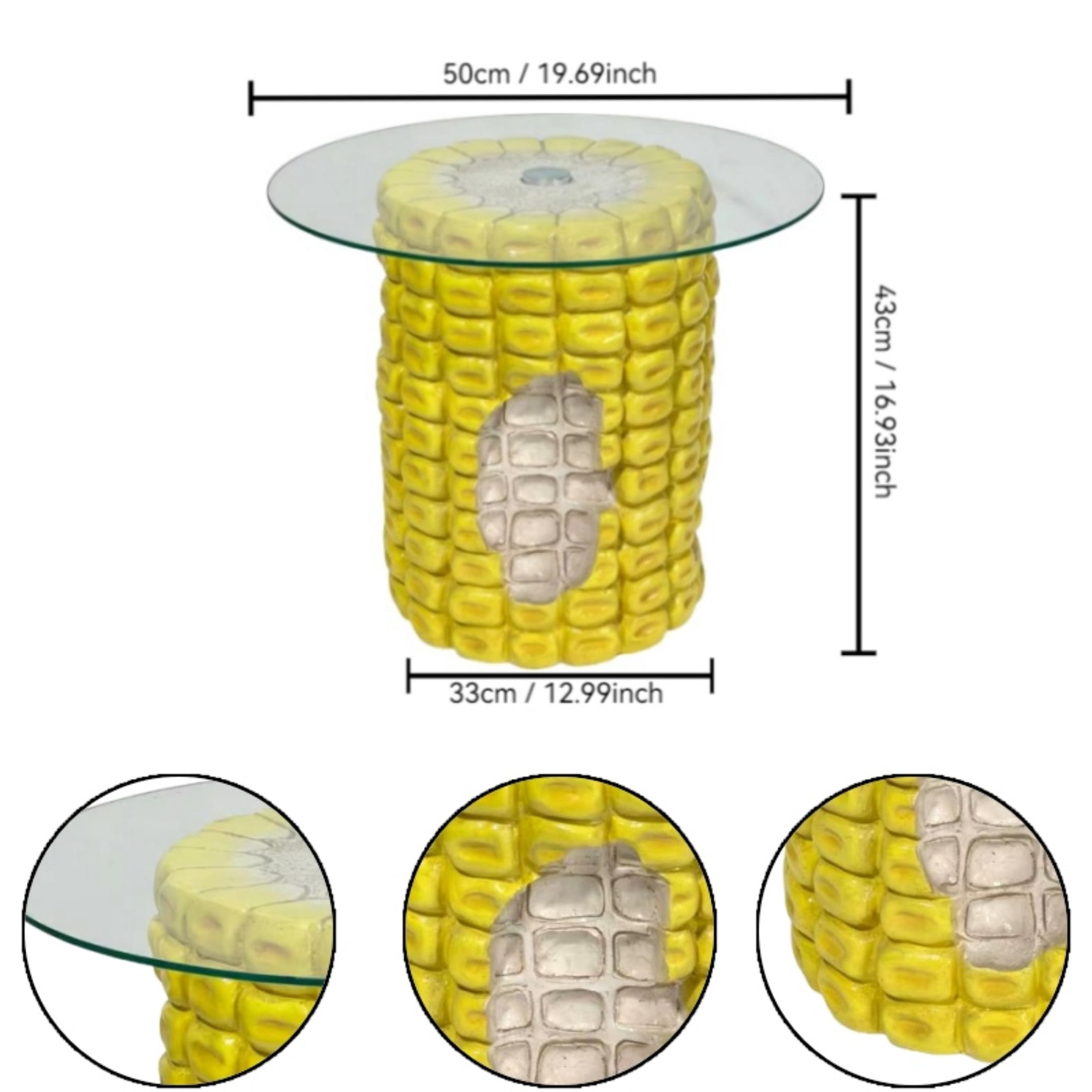 Noble House Novelty Corn Shaped Side Table with Tempered Glass Top & Weatherproof Resin Base, Home Decor, Yellow