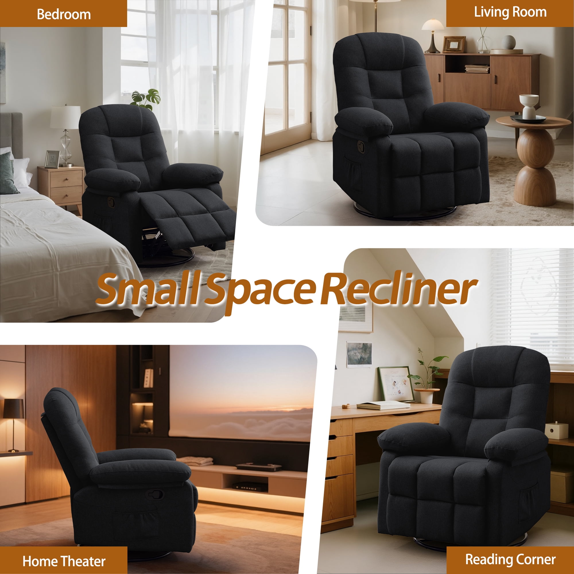 Korser Manual Swivel Rocker Recliner Chair for Living Room,Small Recliner Sofa for Small Spaces,Linen Fabric,Dark Black