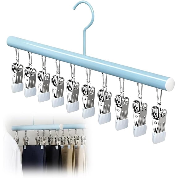 Closet Organizer with 10 Clips, Space Saving Hanging Closet Organizer, Metal Multi-Clip Hanger for Leggings Pants Skirts, 360° Rotating Rubber Coated Clips