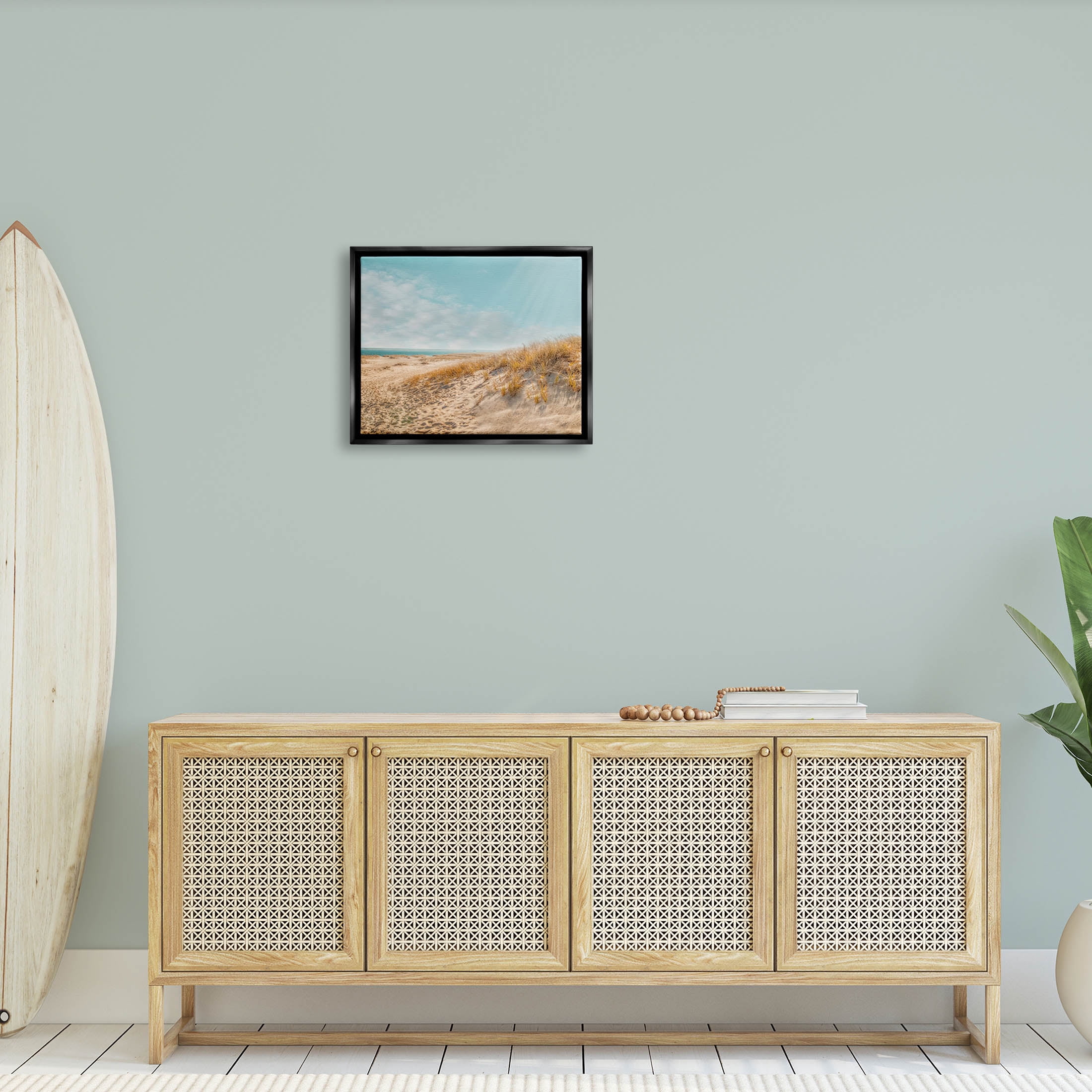 Sandy Ocean Beach Sun Rays Coastal Photograph Jet Black Framed Art Print Wall Art