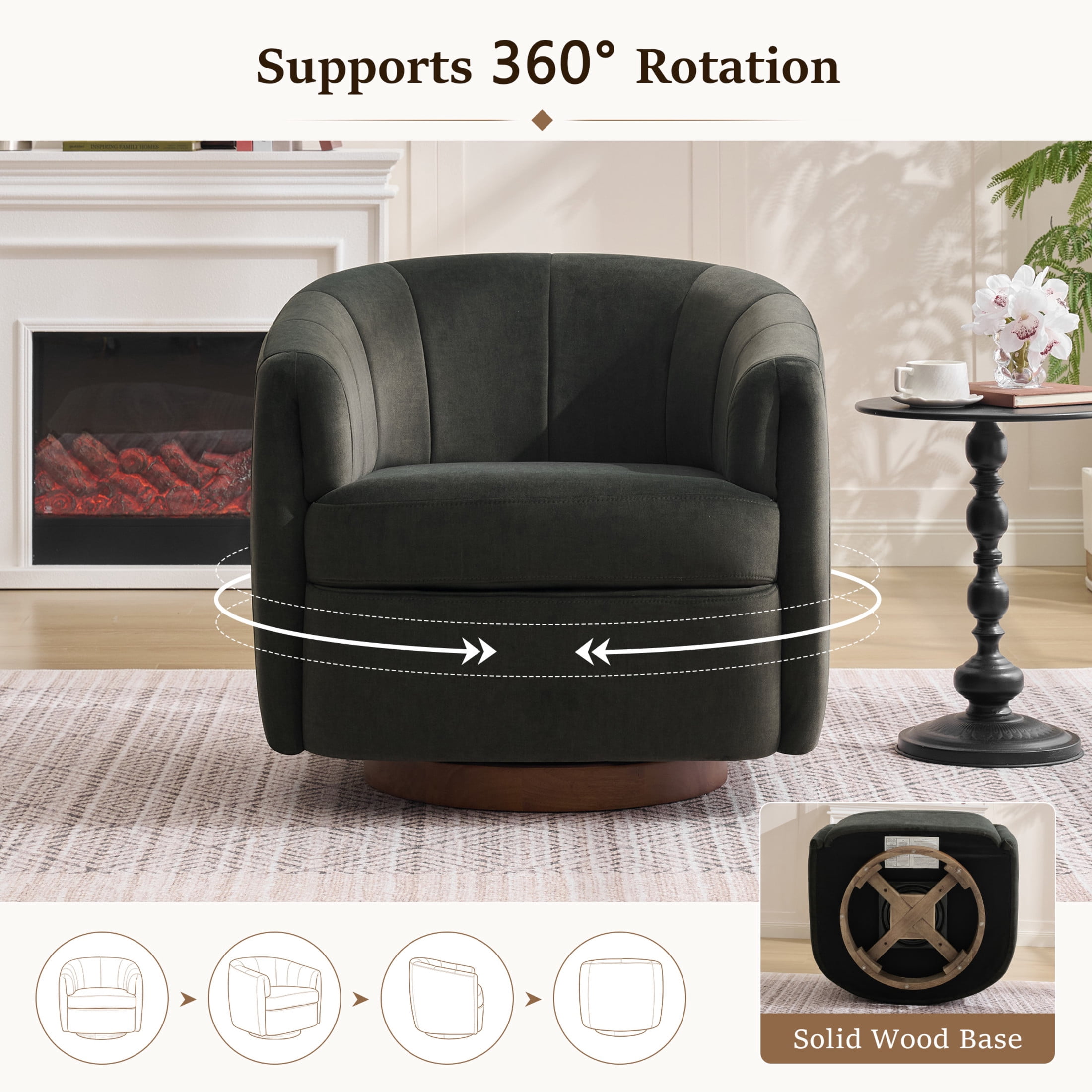 Noble House Swivel Accent Chair with Solid Wood Base, Velvet Upholstered Armchair for Living Room, Gray