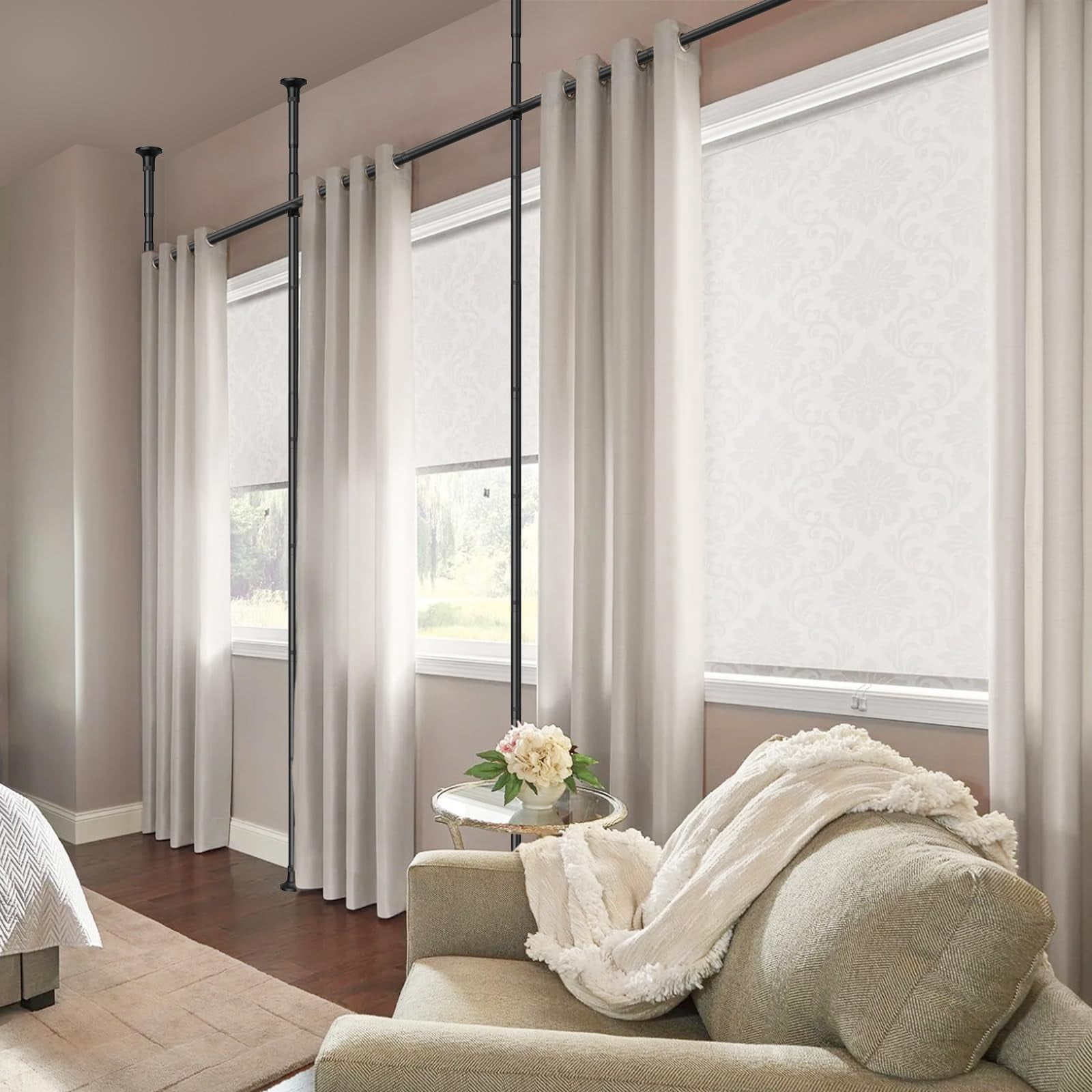 IHOMEPARK Room Divider Curtain Rods No Drilling Ceiling to Floor, Adjustable Heavy Duty Tension Rod for Room Separation Bedroom Rental，28-171inch(W) 4-10ft(H)（Matte Black）