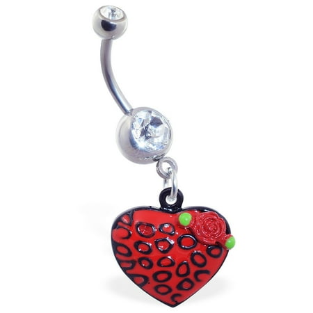 Leopard Roses - Jeweled Belly Ring With Dangling Leopard Print Heart With Rose
