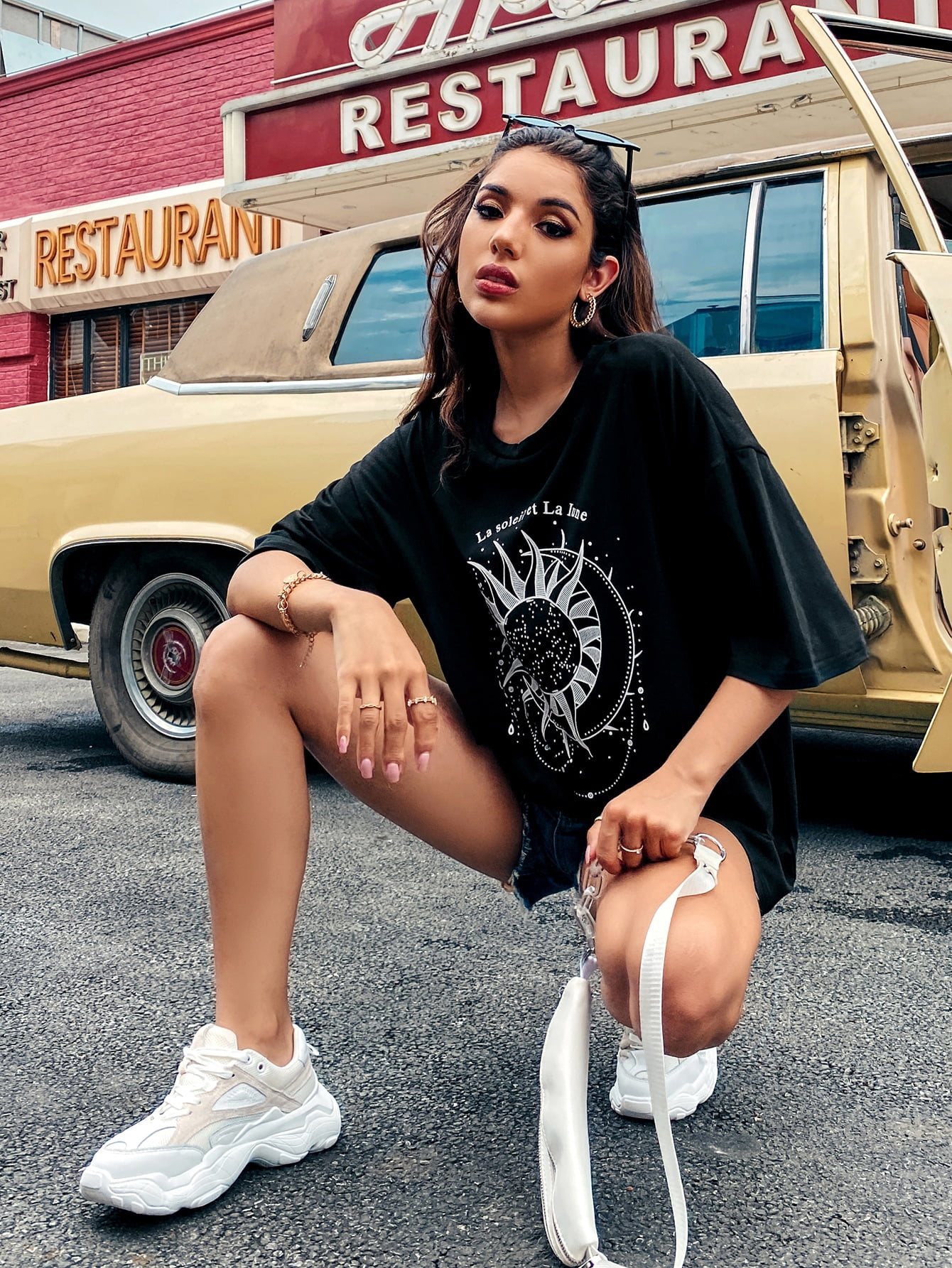 Sun \u0026 Letter Graphic Oversized Tee 