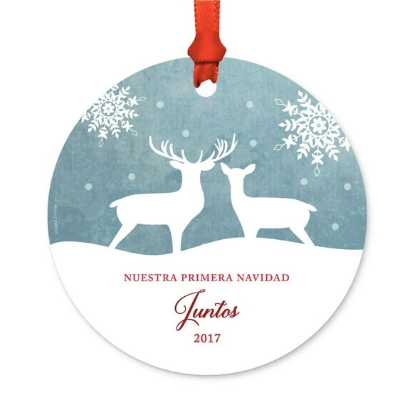 Spanish Family Metal Christmas Ornament, Nuestra Primera Navidad Juntos 2017, Includes Ribbon and Gift Bag