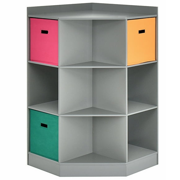 Costway Armario con estantes abiertos y 3 cestas de colores, organizador de esquina con 6 cubos y 3 estantes para libros, juguetes, armario de suelo para salón, dormitorio